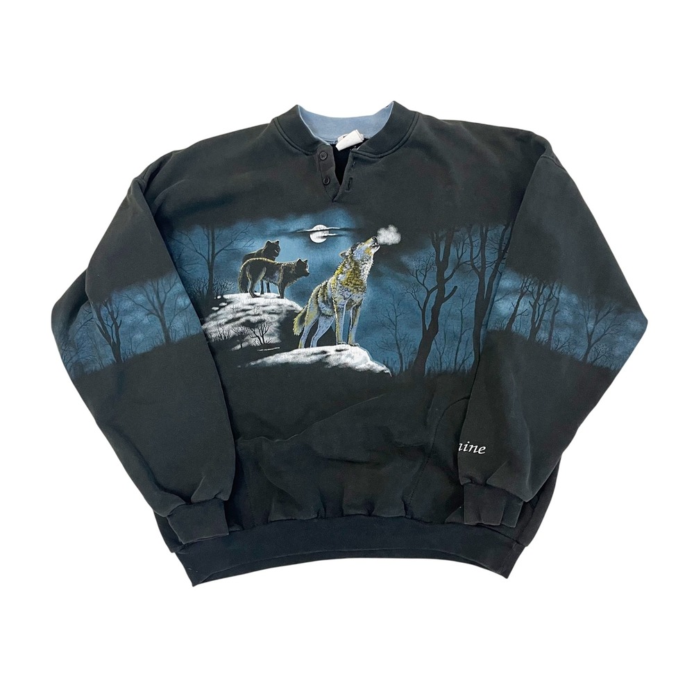 Vintage 90s Art Unlimited Wolf Howling Scenic Wraparound Henley Sweatshirt XXL